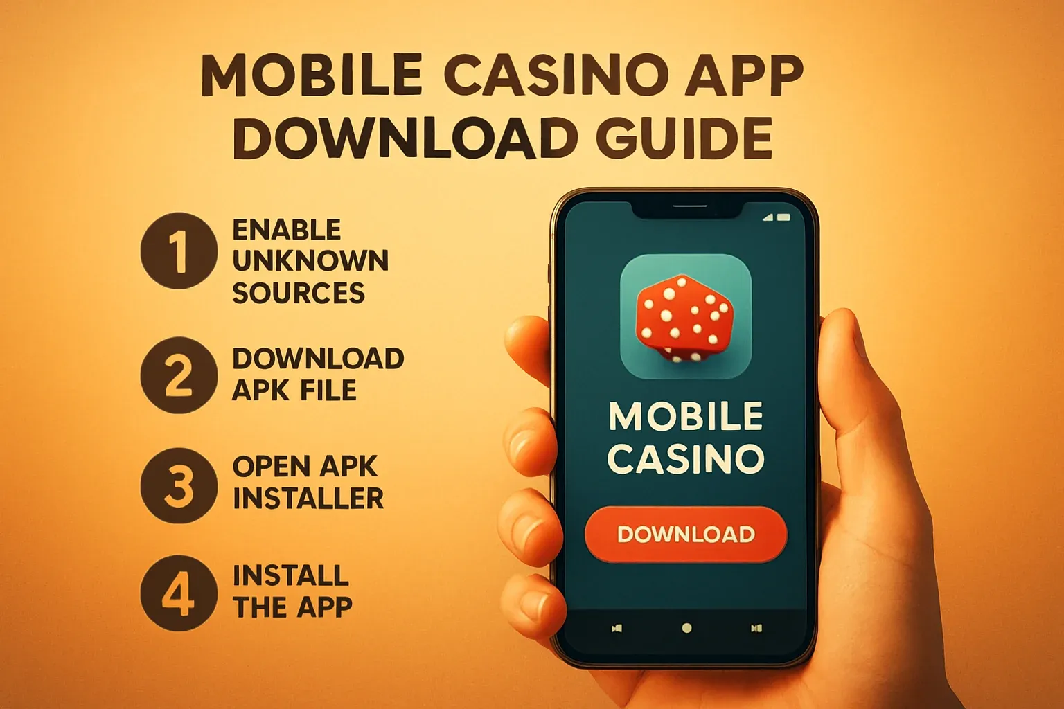 Step-by-step mobile casino app download infographic showing Android APK installation