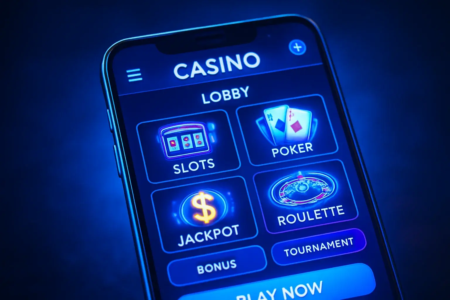 Android smartphone mockup showing casino mobile app game lobby interface