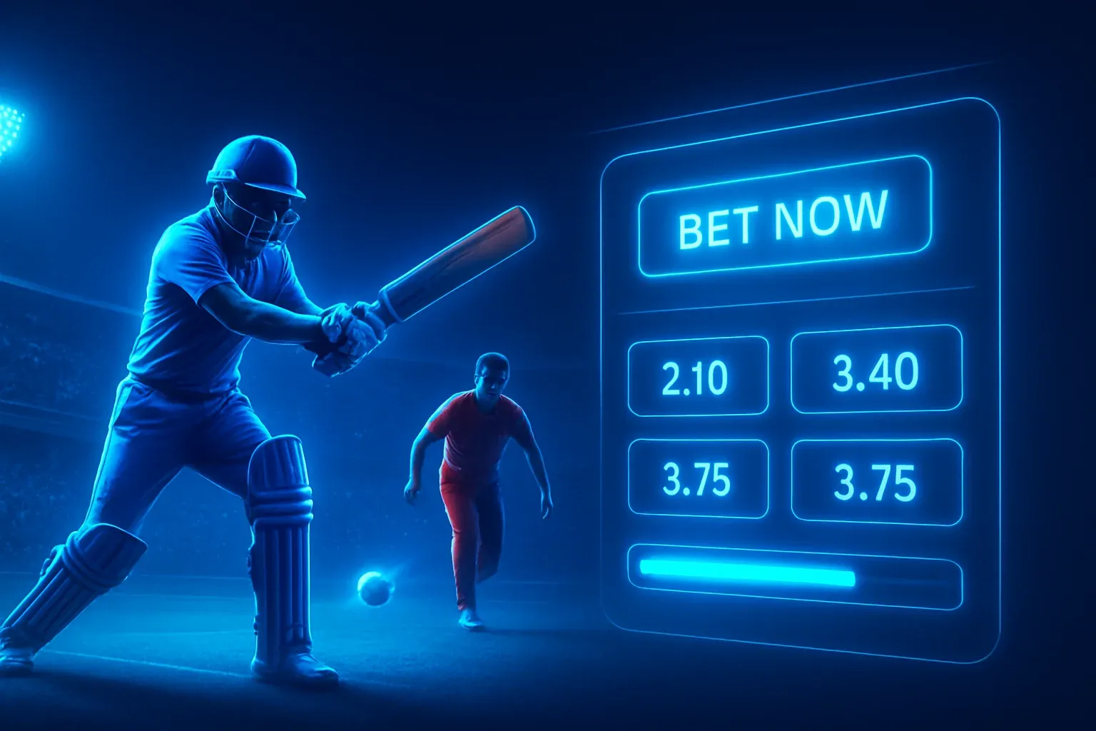 Sports betting banner with cricket action, stadium crowd, and interface overlay