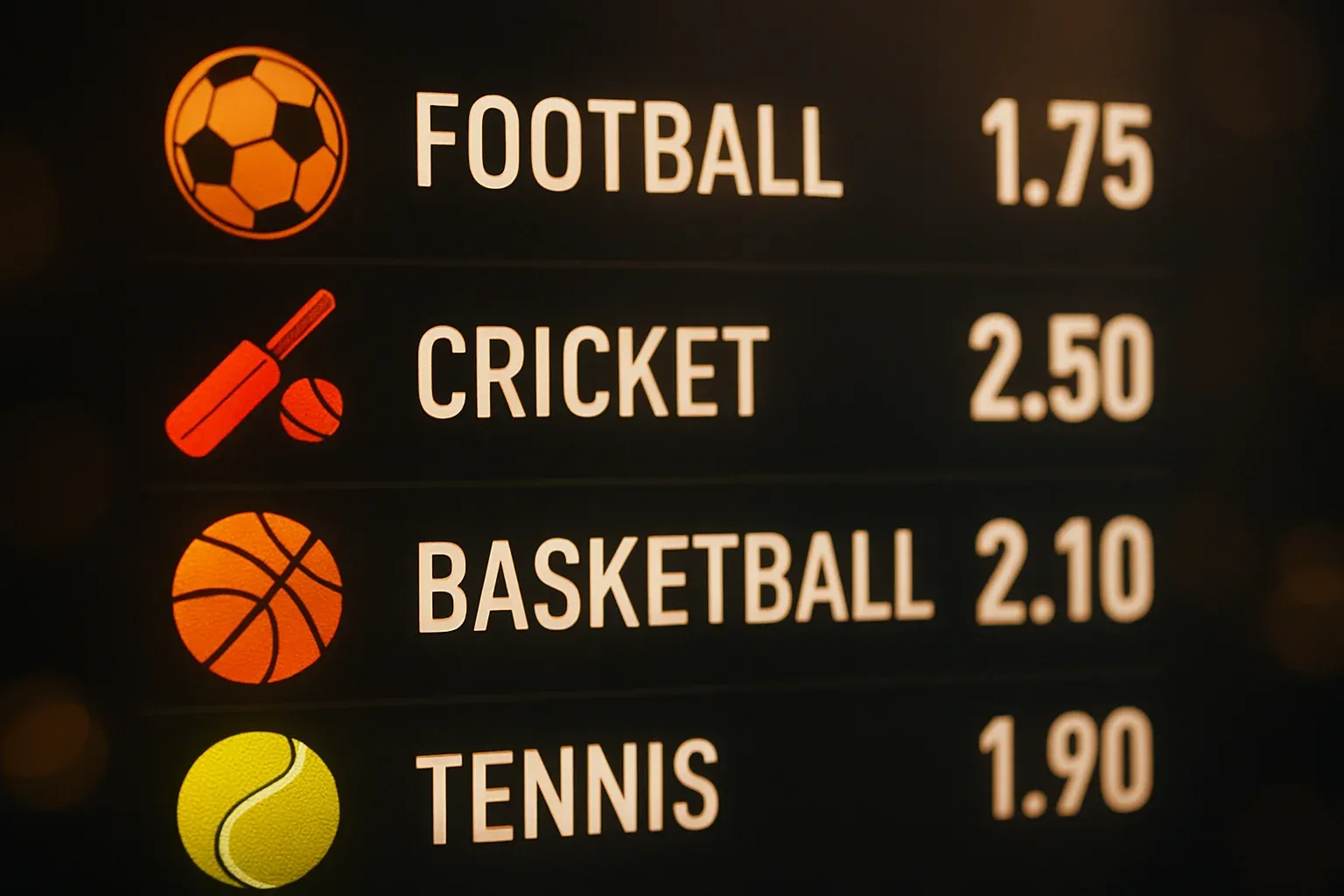 Sports betting markets with football cricket basketball tennis icons and odds