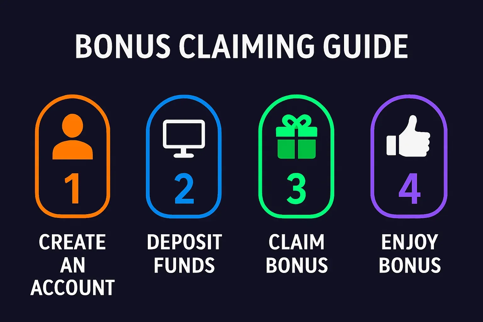 Modern infographic showing four numbered steps to claim bonuses on dark background