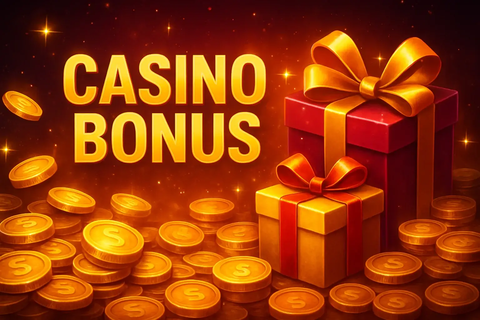 Casino bonus banner with golden coins, gift boxes, and sparkling rewards