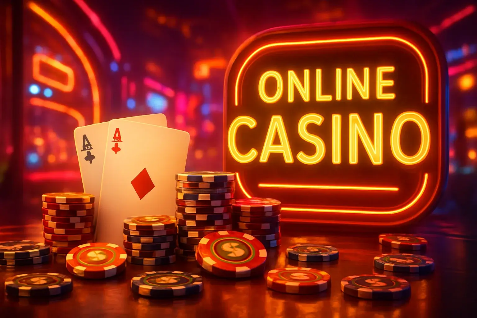 Luxury online casino hero banner with neon lights, chips and cards