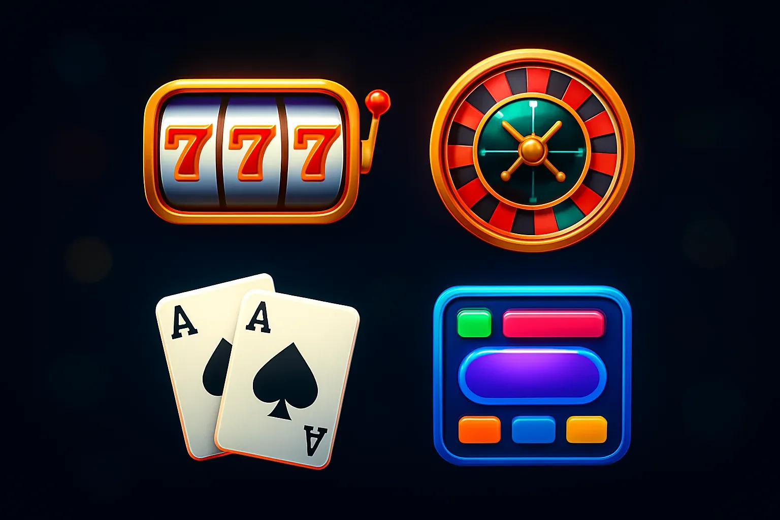 Popular casino game icons with slots, roulette, cards on dark background