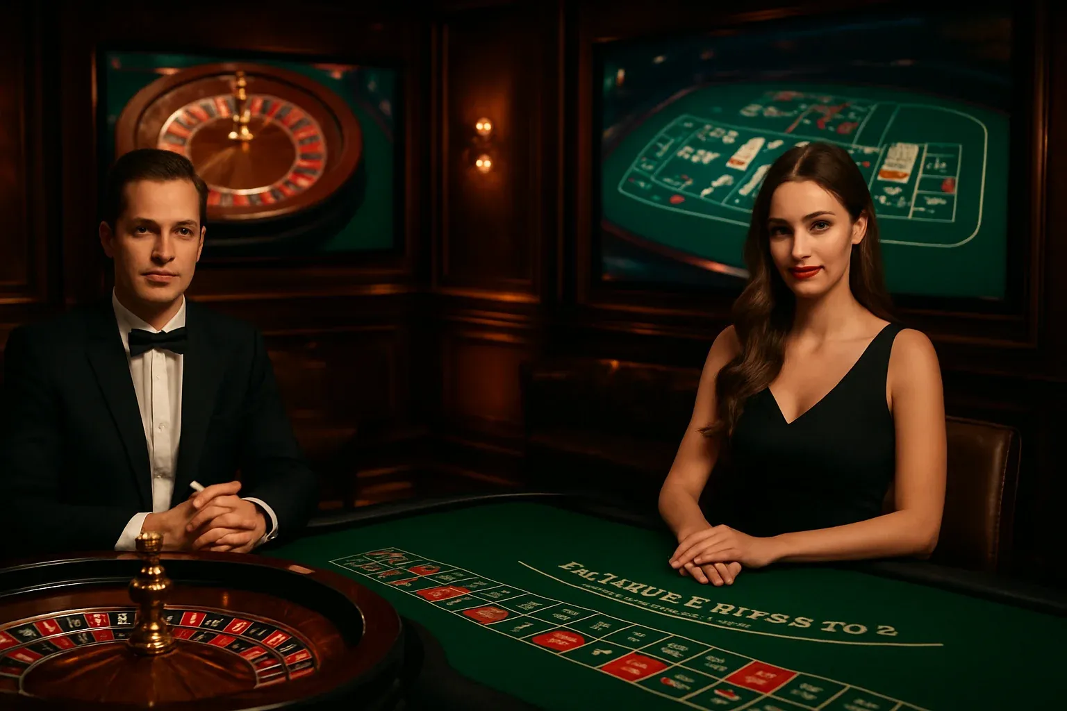 Elegant live casino studio with dealers and screens showing roulette and blackjack