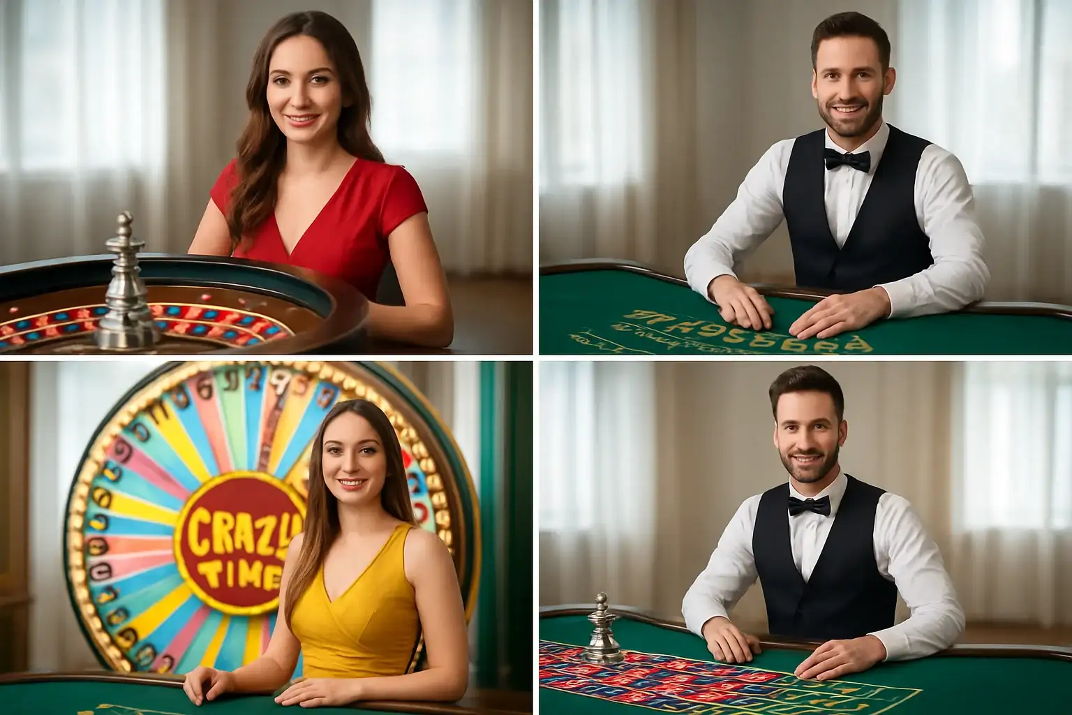Colorful live casino game cards with roulette, blackjack, Crazy Time, dealer
