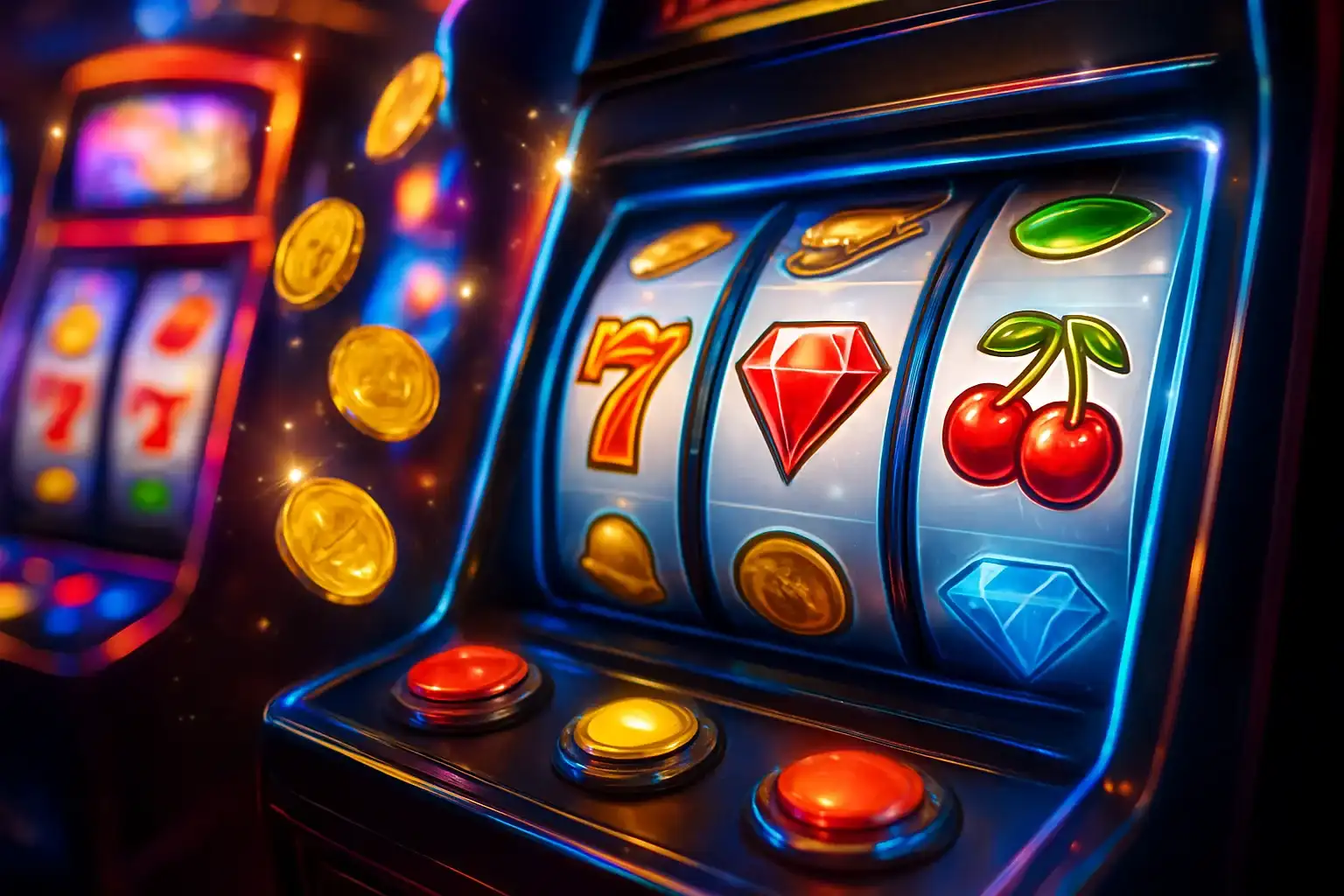Colorful casino slot machines collage with reels, coins, diamonds, and 7s