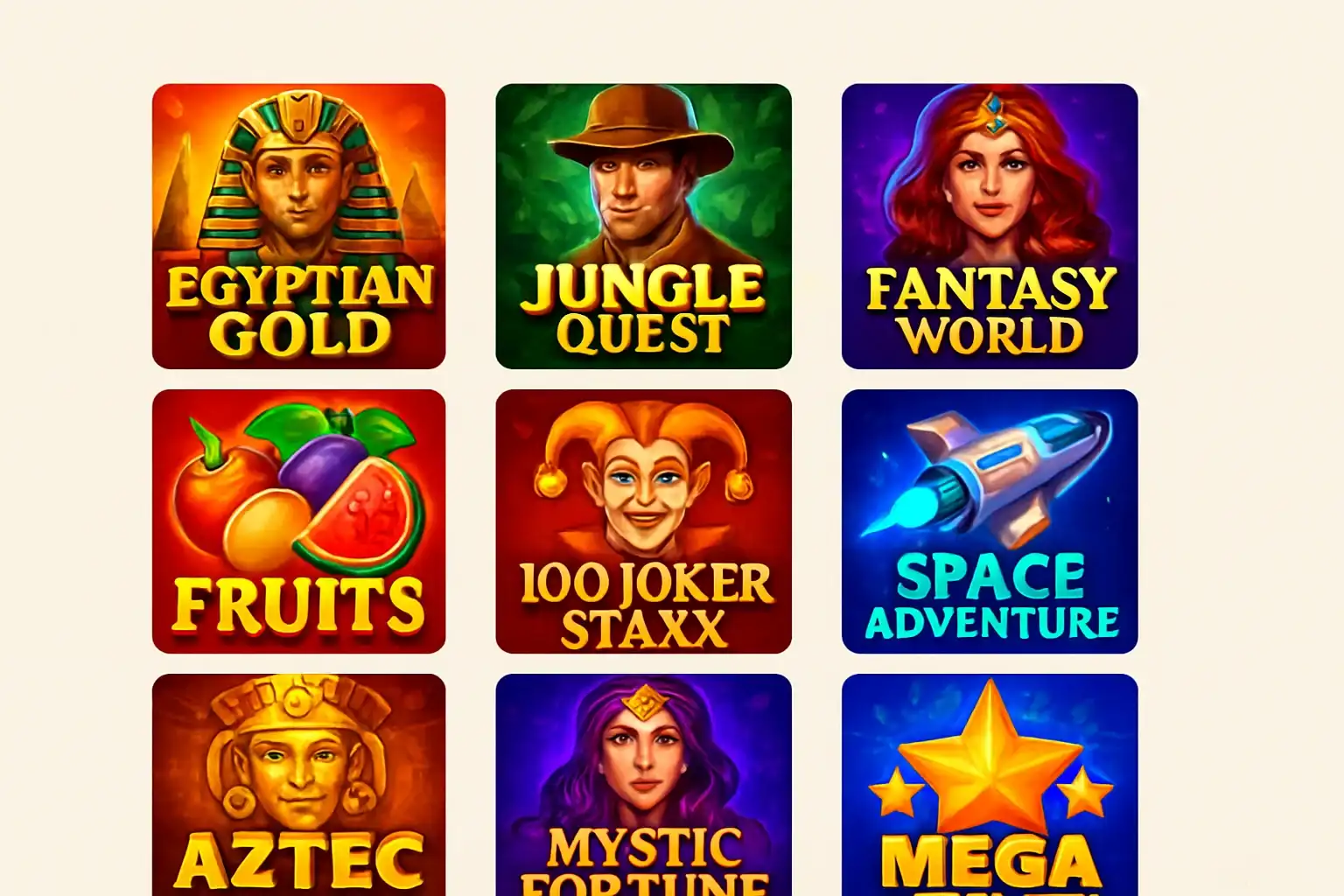 Grid of colorful slot game thumbnails with Egypt, fantasy, fruit, sci-fi themes